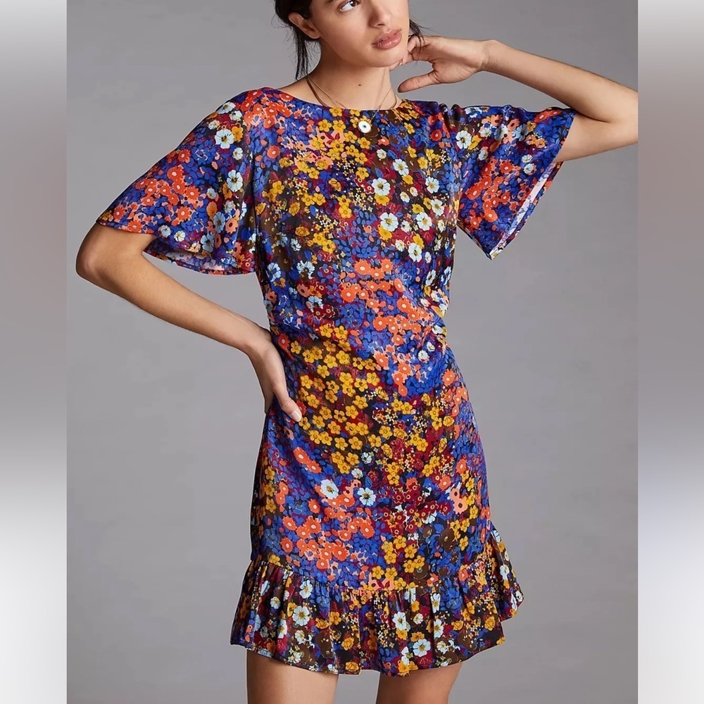 Anthropologie Multi-Color Floral Flutter Sleeve Pleated Hem Mini Dress 6